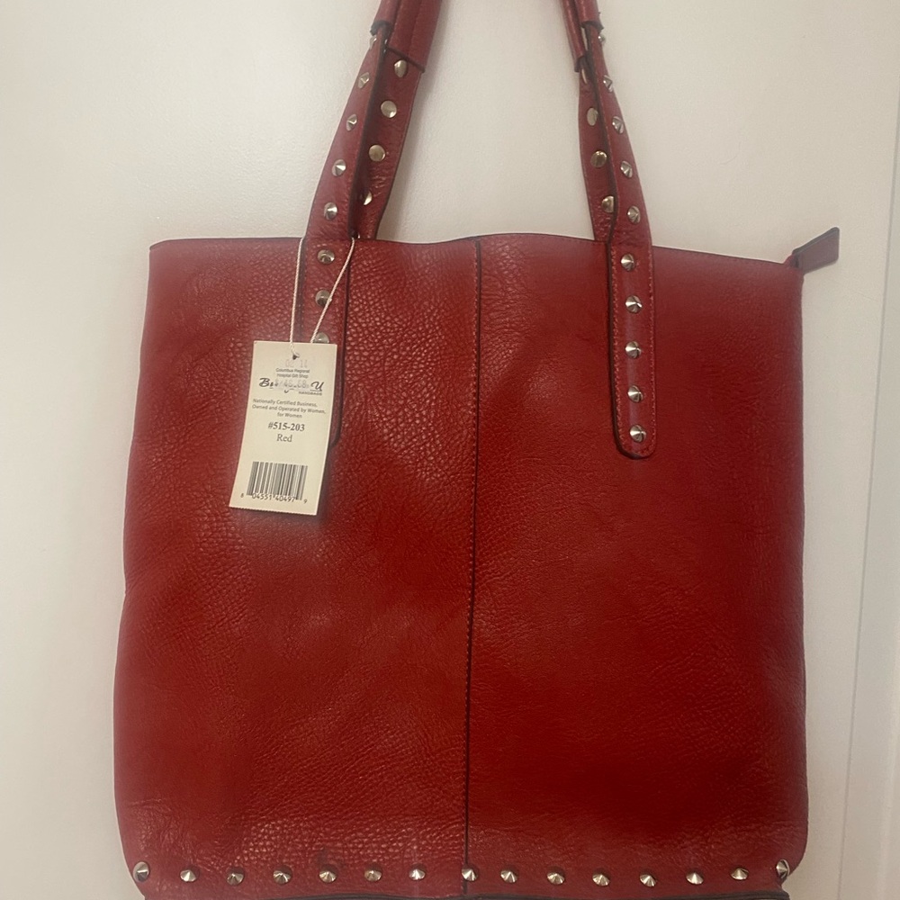 Red Studded Tote Bag with Removable Pouch